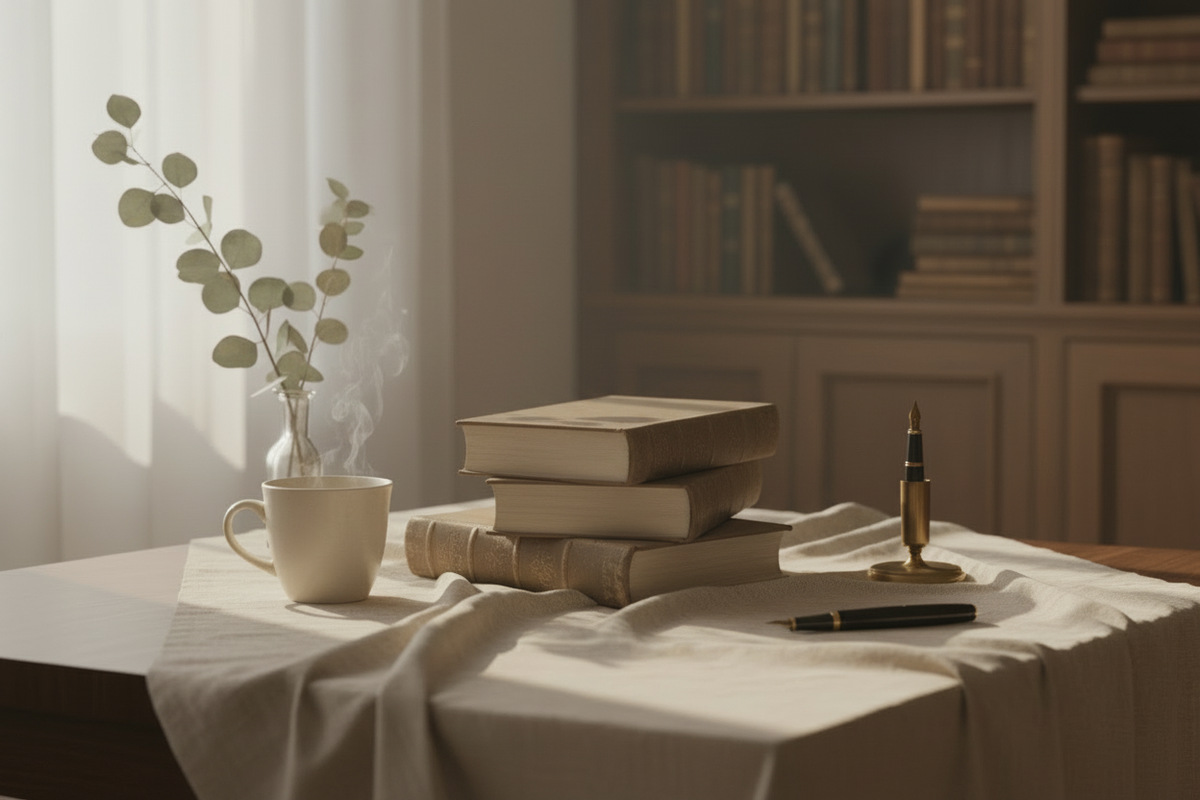 Desk with closed stacked books